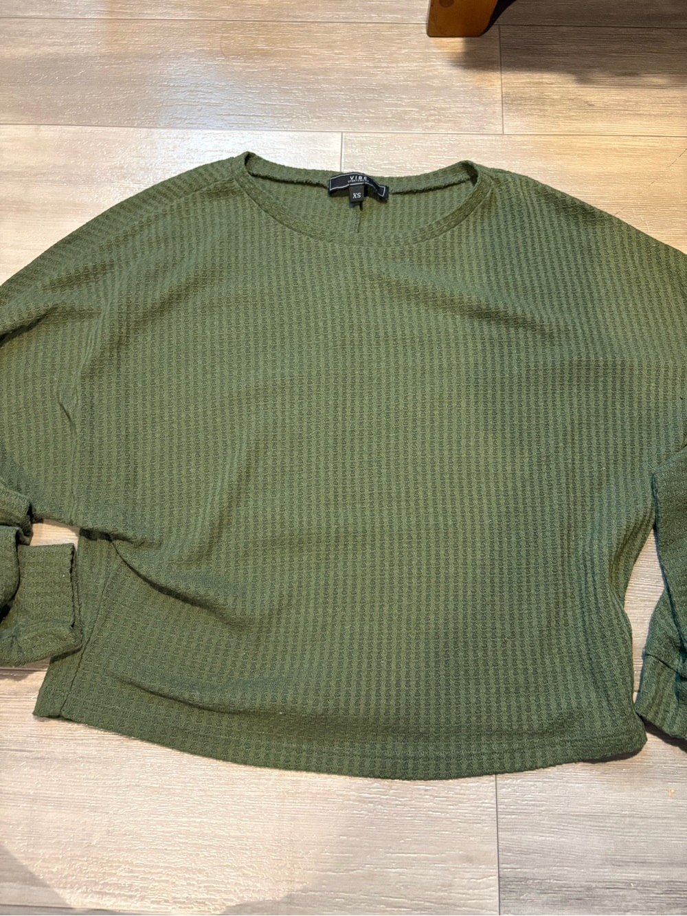 Vibe Olive Green Long-Sleeve Waffle Crewneck Top